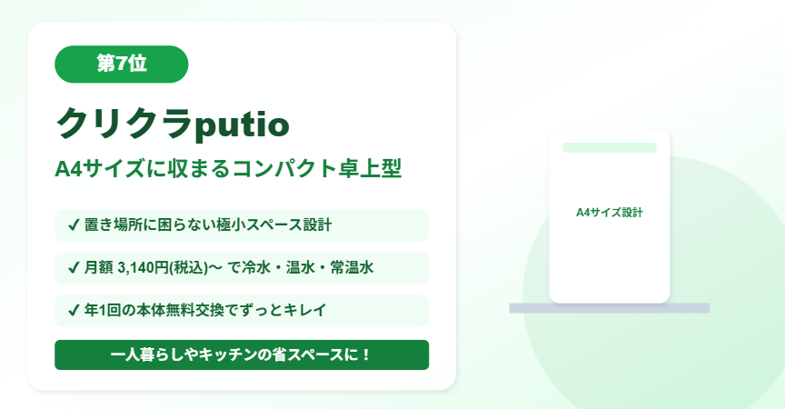 第7位 クリクラputio(プティオ) A4サイズに置けるコンパクトな卓上型浄水サーバー